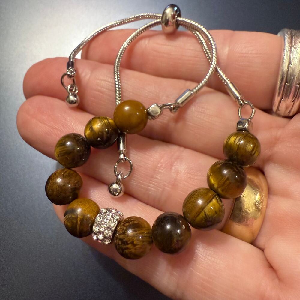 Pair of Adjustable Tigers Eye Beaded Bracelets Peace Crystal - Picture 7 of 8